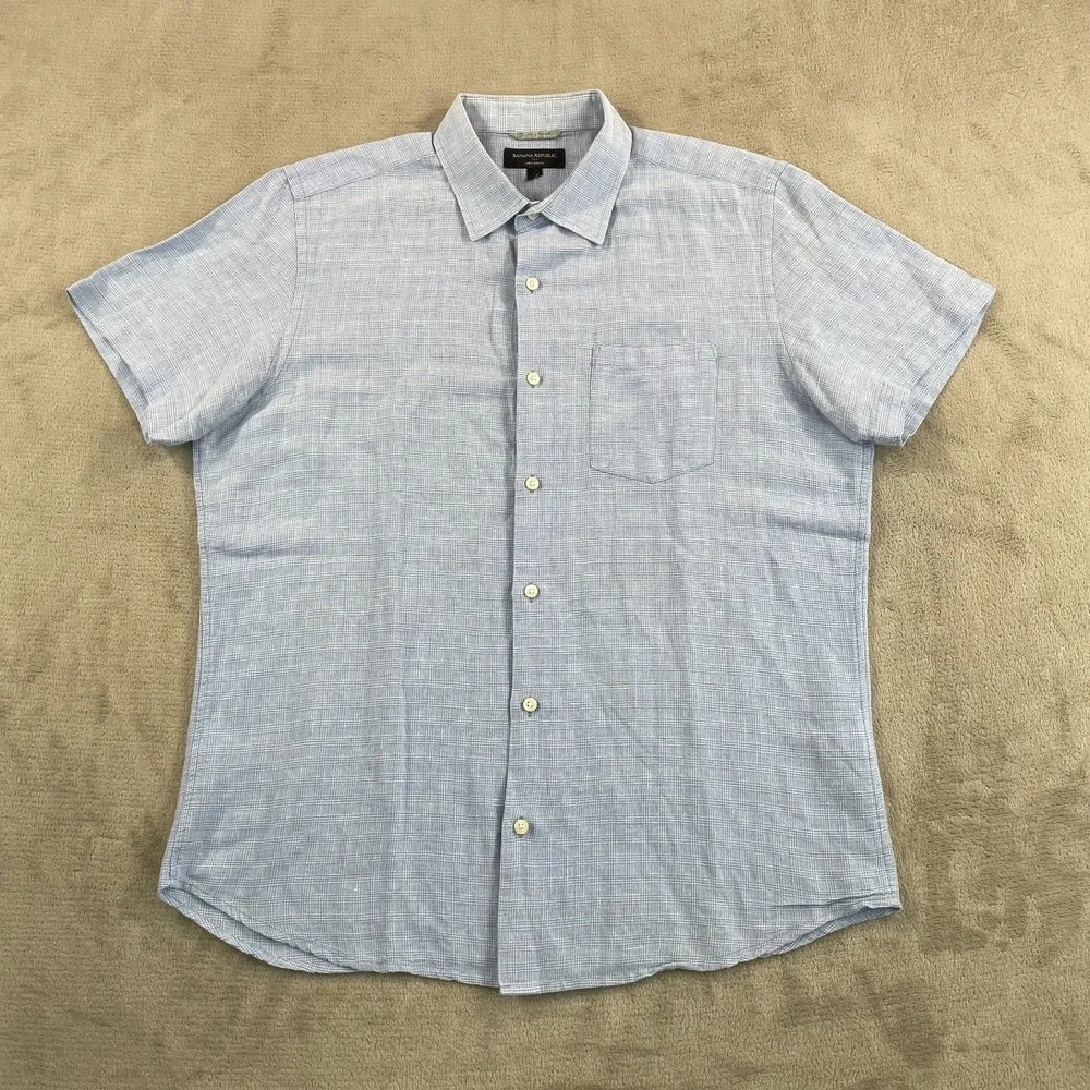 Banana Republic Slim Fit Shirt Men Large‎ Blue Plaid Linen Blend Short Sleeve